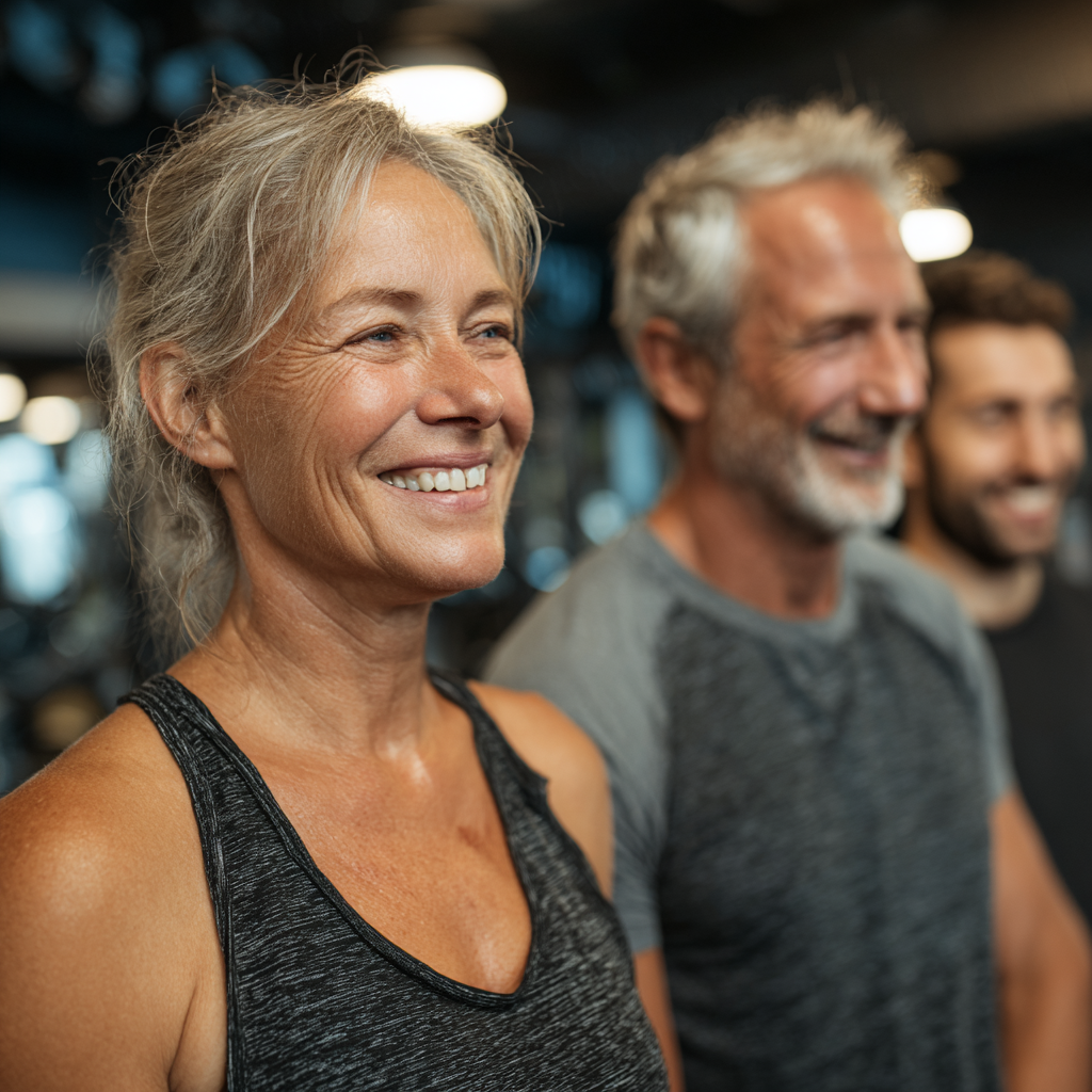 Група людей віком 50-60 років мотивуючи один одного під час групового тренування в залі